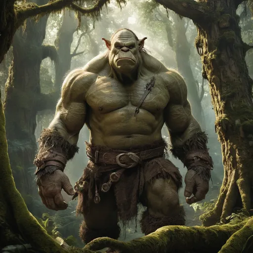 Prompt: In the heart of the enchanted forest, where sunlight filters through the dense canopy of ancient trees, lives a male ogre named Grothak. Towering at over ten feet tall, his massive frame is draped in rugged, earthy tones that blend seamlessly with his surroundings. Grothak's skin, a deep, mossy green, is textured like tree bark, giving him an almost mythical appearance. His broad shoulders and powerful limbs are evidence of his strength, capable of uprooting trees and crushing boulders with ease. Grothak’s face, though fearsome at first glance, holds an unexpected gentleness. His large, expressive eyes shimmer like emeralds, revealing a depth of emotion that belies his brutish exterior. A wide, toothy grin reveals sharp but not unfriendly teeth, and his tusks protrude proudly from his lower jaw, framing a mouth that often breaks into laughter, shaking the very ground beneath him. Adorning his head is a wild mane of tangled hair, intertwined with leaves and flowers that he collects during his peaceful walks through the forest. Grothak is not just a creature of strength but a guardian of the woods, fiercely protective of the flora and fauna that make up his realm. With a heart as big as his stature, he is known among the forest creatures as a gentle giant, one who can be both a fearsome protector and an unexpectedly wise friend. In a world where magic thrives, Grothak embodies the harmonious balance between strength and kindness, forever bound to the land he loves.