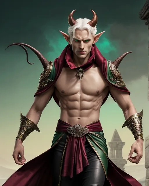 Prompt: Tiefling, mid-30s appearance, 6'2" height, mahogany skin, lean athletic build, snow-white hair, elongated face, sharp features, devilish horns, emerald-green eyes, mischievous spark, fiery tattoos, pointed elf-like ears, exotic arcane attire, midnight velvet robes, crimson silk, gold thread embellishments, scholarly look, leather-bound tomes, shoulder satchel, rings with pulsing gems, charming demeanor, sharp wit, ancient knowledge, loyal, obsessive curiosity, adventurous spirit.