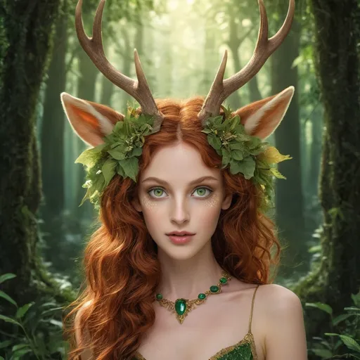 Prompt: In a lush, enchanted forest where sunlight filters through a vibrant canopy of leaves, there dwells a captivating female faun named Lyra. With the elegant grace of a gazelle, she possesses the upper body of a lithe human, adorned with delicate features framed by cascading waves of chestnut hair. Her large, expressive eyes shimmer like emeralds, reflecting both mischief and wisdom, while her softly pointed ears twitch at the slightest whisper of the wind. Lyra’s lower half transitions seamlessly into the powerful legs of a deer, covered in a soft, tawny fur speckled with dappled white, allowing her to navigate the underbrush with remarkable agility. She wears a flowing dress woven from vibrant leaves and fragrant wildflowers, which dances around her as she moves, leaving a trail of sweet scents in her wake. Around her neck, a necklace of glimmering acorns symbolizes her connection to the forest, hinting at the magic she wields—a gift passed down through generations of faun kin. As a guardian of nature, Lyra possesses an innate ability to communicate with woodland creatures and coax plants to bloom with her enchanting melodies. Her laughter is like the tinkling of wind chimes, drawing the curious and weary alike to her side. In her presence, the forest feels alive, pulsating with energy and harmony, and those fortunate enough to encounter her are often left with a sense of wonder and the hope of adventure.