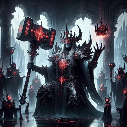 Prompt: "A regal figure clad in armor of blackened steel and glowing crimson runes stands in the heart of an obsidian palace. In one hand, they wield a massive blacksmith’s hammer crackling with shadow energy, and in the other, they hold a glowing crown forged from molten darkness. Around them, shadowy minions rise from pools of liquid night to heed their command."