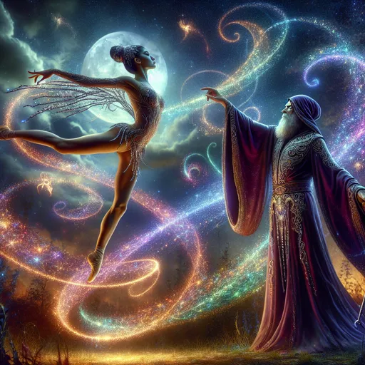 Prompt: "A breathtaking fantasy artwork featuring a gymnast and a spellcaster in a moment of harmonious synergy. The gymnast, a lithe and agile figure, is captured mid-flip, her form perfectly arched as she soars through a radiant, magical sky. Her attire is intricate yet flexible, adorned with glimmering threads of silver and gold, evoking the image of a celestial performer.

Below her, the spellcaster stands poised, one arm outstretched, conjuring a swirling vortex of vibrant magical energy that forms a glowing path for the gymnast’s flight. The spellcaster's robes billow dramatically in the magical wind, their deep purple fabric adorned with luminous arcane symbols that shimmer like constellations. Their expression is one of focused intensity, their free hand holding an ornate staff crackling with mystical power.

The setting is a luminous, enchanted forest clearing bathed in ethereal moonlight. Sparkling particles of magic dance in the air, blending with the natural glow of fireflies and glowing fungi that illuminate the ground. Above, the gymnast’s movement leaves a shimmering trail of stardust, creating a breathtaking visual connection between her and the spellcaster's magic.

The composition captures the perfect blend of grace, athleticism, and magical prowess, a testament to the dynamic partnership between the two characters in this fantastical realm."
