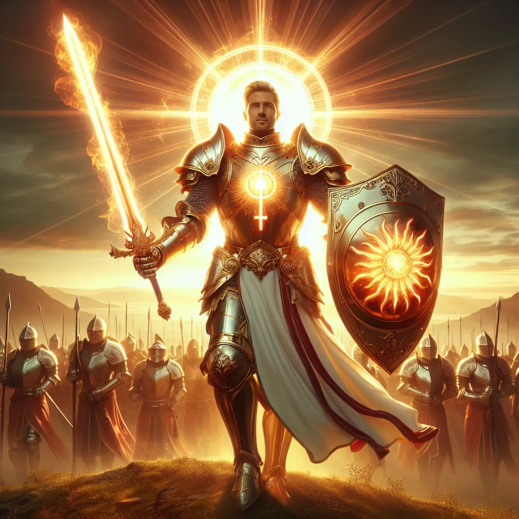 Prompt: "A radiant knight clad in gleaming gold and white armor stands atop a hill, bathed in the warm light of a rising sun. Their sword, blazing with holy fire, reflects the dawn’s brilliance. A glowing shield bearing the symbol of an eternal sun radiates protective energy, and behind them, a legion of followers marches forward under their divine guidance."