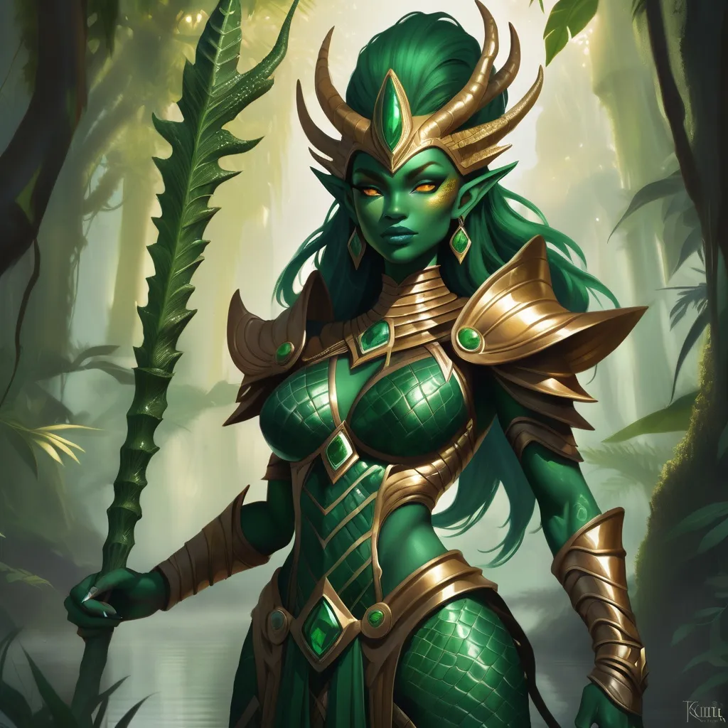 Prompt: Ss'thara Ss'kara is a majestic Lizardmen warrior queen, standing tall at a formidable height of 8 feet. Her scales shimmer in an intricate pattern of emerald greens and gilded golds, reflecting the sunlight that filters through the dense canopy of the ancient swamp she calls home. Her eyes, the color of molten amber, are sharp and piercing, capable of spotting prey from great distances. A regal crest of azure scales runs from her forehead to the base of her neck, signifying her royal lineage. Her tail, a powerful and versatile tool, is adorned with gleaming gold and jewel-encrusted rings, each telling a story of her valorous battles. Her muscular physique is a testament to her prowess in combat, yet she moves with an unmatched grace that belies her deadly capabilities. Ss'thara wields a weapon of ancient design: a ceremonial staff forged from the bone of a colossal swamp dragon, intricately carved and inlaid with precious materials, symbolizing her status as both a fierce protector and a wise leader. Her attire is minimalistic yet elegant, consisting of strategically placed armor plates made from the same dragon's scales, leaving most of her lithe body uncovered to showcase her natural armor and the battle-scarred history etched upon her. Her long, clawed fingers and toes end in sharp, gleaming talons that she keeps meticulously maintained. Her face, while reptilian, holds an unexpected softness to it, with delicate ridges framing her high cheekbones and a set of sharp, yet sensual, lips that can curve into a comforting smile or a terrifying snarl. Her movements exude an aura of both nobility and primal power.