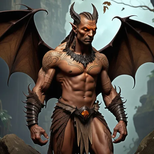 Prompt: Troglodyte, male, 108, tall, stoic sentinel, earthy brown skin, intricate scars, tattoos, gleaming amber eyes, bat-like wings, ancient stone hair, luminescent fungi braids, broad muscular frame, bone armor, claw-like nails, predatory grace, rare winged ancestry, ancient traditions, stone revenant, fiery passion, stoic exterior, unchanging expressions, fiery spirit, honorable, compassionate, protective, unshakeable loyalty, dry wit, solemn outlook, tactical brilliance, unyielding determination, hopeful leader.