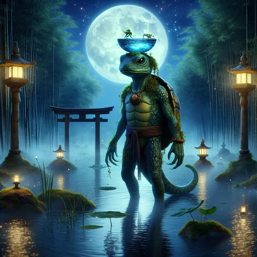 Prompt: "Create a stunning fantasy artwork with a Kappa as the central figure, blending the mystique of Japanese folklore with a visually striking fantasy setting. The Kappa is portrayed as an amphibious humanoid creature, standing at the edge of a tranquil, moonlit lake. Its scaly, greenish skin glistens with water droplets, reflecting the silvery light of the full moon above. A shell, reminiscent of a tortoise, adorns its back, while its webbed hands and feet are poised gracefully, exuding a sense of both serenity and latent power.

The Kappa’s most defining feature, its water-filled dish atop its head, is intricately detailed with faint ripples and glowing softly, as though imbued with mystical energy. Its yellow, cat-like eyes gleam with intelligence and a touch of mischief, while wisps of moss and reeds cling to its body, emphasizing its aquatic nature.

The setting is a surreal blend of natural beauty and fantasy mysticism. The lake reflects the moonlight in shimmering waves, surrounded by tall bamboo groves and ancient stone lanterns partially submerged in water. Fireflies and ghostly will-o’-the-wisps hover around, casting a soft, otherworldly glow. A torii gate, partially shrouded in mist, rises in the distance, hinting at the Kappa’s spiritual significance.

The Kappa is adorned with subtle embellishments: an ornamental sash tied around its waist, decorated with aquatic motifs, and a string of small, glowing beads hanging from its neck, symbolizing its connection to the spiritual realm.

The color palette emphasizes cool tones—shades of green, blue, and silver dominate, with accents of warm yellow and soft purple to add depth and contrast. The overall mood of the piece is serene yet mysterious, evoking a sense of reverence for the natural and supernatural worlds.

This masterpiece captures the Kappa’s enigmatic charm and unique lore, making it a captivating collectible fantasy art NFT that celebrates the richness of Japanese mythology."