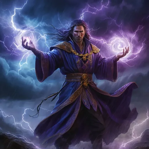 Prompt: A painting of a sorcerer, summoning a storm of storm magic