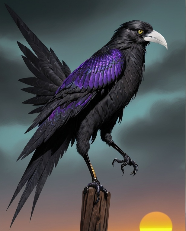 Prompt: Zephyrin is a sleek, raven-feathered Arakocra with piercing golden eyes that seem to capture the light of the setting sun. His plumage shimmers with an oil-slick sheen, reflecting the ever-changing hues of the skies he calls home. Standing at an imposing six feet tall, Zephyrin's powerful frame is built for both speed and endurance. His sharp beak and talons are tools of both his hunt and his craft, speaking to his dual nature as both a formidable warrior and a skilled artisan.