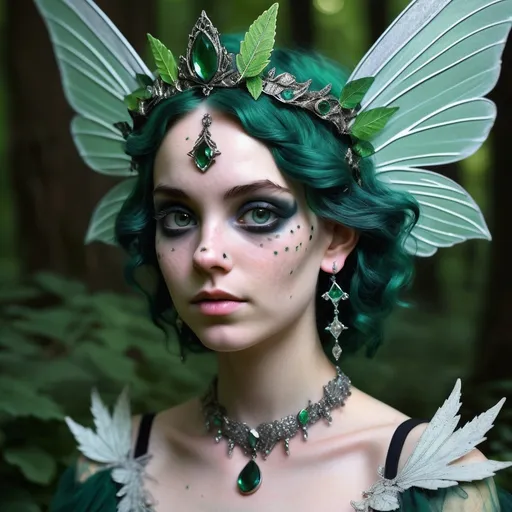 Prompt: Pixie, female, 250-year-old, perpetual 25-year-old, moonlit silk skin, deep midnight eyes, emerald green hair, freckled nose, pointed ears, silver earrings with crystal beads, gossamer wings, forest guardian, intricate leaf crown, ever-changing nature wardrobe, tiny frame, gossamer wings, mystical realm dweller, ancient wisdom sparkle, unique "green" sorcery, human-like disguise, environmental advocate, storyteller, charming, mischievous, whirlwind energy, empathetic, fiery spirit, unshakable resolve, blend of nature and technology.