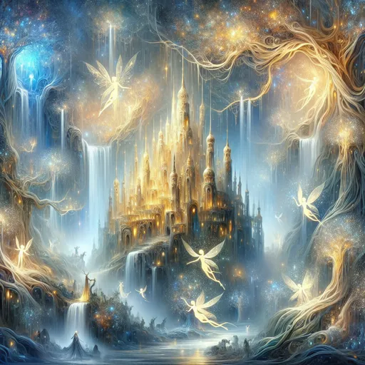 Prompt: "An ancient, towering castle made of intertwined golden trees, with branches that sparkle with enchanted gemstones. Streams of light pierce through a misty, vibrant forest, revealing magical creatures like glowing faeries and luminous deer grazing nearby. A waterfall of liquid silver flows from the castle’s highest point."