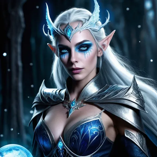 Prompt: Elara Moonshadow, once a high elf of unrivaled beauty, now stands tall as a Lich, a being of ethereal grace and terrifying presence. Her skin, a ghastly shade of cerulean blue, is as cold and unyielding as the coldest winter night. Her eyes, once pools of emerald light, have transformed into orbs of frozen darkness that pierce through any disguise or illusion, revealing the truth of the soul. Long, flowing hair of the deepest black, threaded with silver, frames her skeletal visage. Her features are sharp and angular, a stark reminder of the decay she has transcended. Her tall, slender figure is draped in tattered, yet elegant robes that seem to be made of the very fabric of shadow itself. They swirl and writhe around her, hinting at the arcane power that lies within. Her fingers are tipped with jagged, crystalline claws that sparkle in the dim light of her lair, each one a testament to the ancient spells she has mastered. Her body is adorned with intricate tattoos, remnants of her elven heritage, that pulse with an eerie glow, telling the story of her life and her ultimate sacrifice for power. The scent of frost and ancient tomes lingers around her, a constant reminder of her undying quest for knowledge.