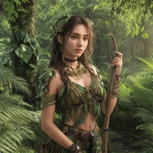 Prompt: Photo Quality only, style of IMAX, ultra detailed, hyper realistic, Zephyr Zan'Thara stands tall among the trees, her lithe, muscular form blending with the foliage as naturally as the leaves themselves. Her skin is a deep shade of emerald green, adorned with intricate patterns that mimic the bark of ancient trees and the veins of broadleaf plants. Her hair, a wild tangle of vines and leaves, cascades down her back, occasionally fluttering with the whispers of the forest. Her eyes are piercing gold, reflecting the warm glow of the sun through the canopy and the wisdom of a life spent in the embrace of nature. Her fingers and toes end in sharp, prehensile claws capable of gripping onto branches with surprising strength, allowing her to navigate the treetops with the grace of a seasoned acrobat. Her pointed ears twitch at the slightest sound, and her prehensile tail, a deep brown with gold tips, swishes lazily behind her, a silent testament to her ever-present vigilance.

Her attire consists of a lightweight, yet sturdy, armor made from the toughest vines and leaves of the forest, intricately woven and dyed in the vibrant colors of the jungle. A necklace of gleaming, polished seeds and a headband made from the iridescent feathers of the rare Sky Serpent add a touch of elegance to her otherwise utilitarian outfit. A quiver of handcrafted arrows, fletched with the feathers of various jungle birds, is slung over her shoulder, and a beautifully carved longbow made from the heartwood of a fallen ancient tree is her constant companion. A utility belt made of braided vines holds various tools and potions, a testament to her resourcefulness and her role as a protector and guide.