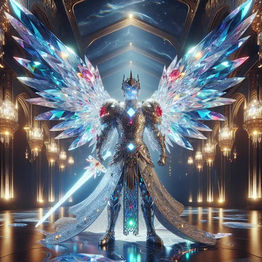 Prompt: "A radiant figure with crystalline wings stands in a grand hall of glowing gemstones. Their armor, encrusted with gleaming jewels, reflects a spectrum of light, and their sword is a flawless blade of pure diamond. With every movement, the air hums with the harmonious resonance of their crystalline form, spreading waves of awe-inspiring energy."