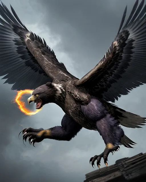 Prompt: Rivenstorm is a majestic and terrifying creature, with a body that seems to be a fusion of a mighty bear, a swift cougar, and a fierce eagle. Its fur is a stormy blend of dark blues and purples, with electric bolts of white fur crackling through it. It stands on four powerful limbs, each ending in razor-sharp claws capable of tearing through metal. Its head is a mix of the fierce visage of a bear with an eagle's sharp beak and piercing yellow eyes that seem to hold the intensity of a hurricane. A pair of large, feathered wings emerge from its back, allowing it to glide with grace and precision.