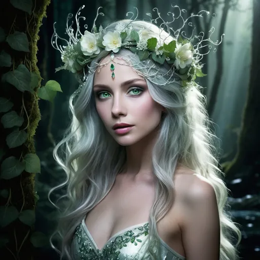 Prompt: Luminara is a creature of ethereal beauty, standing at a delicate 4 feet tall. Her skin is the pale hue of moonlit petals, and her eyes are pools of the deepest emerald that seem to hold the secrets of the ancient forests. Her hair cascades down her back in soft, glowing waves of silver, adorned with a crown of interwoven vines and delicate flowers that never wilt. Her wings are translucent, the color of the dawn sky, with veins of gold that shimmer in the light. They're large enough to span the width of a small room, yet she can fold them neatly against her back, allowing her to blend in with the shadows of the forest. Her slender body is dressed in a garment of spun moonlight and gossamer threads, which clings to her form as if it's an extension of her very essence. This attire changes patterns with the seasons, reflecting the ever-changing mood of nature. Her fingers are tipped with points that can manipulate the very fabric of her surroundings, weaving spells as intricate as the patterns on a spider's web.