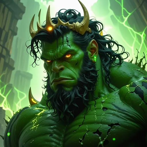 Prompt: Grunthor Ironfist towers over his kin and adversaries alike, a colossal figure of unyielding might. His emerald-green skin is scarred and pitted, a tapestry of battles fought and won, each one a testament to his unrelenting spirit. His eyes burn with an intensity that pierces the gloomiest of nights, twin embers set deep within a craggy, frowning face. Thick, unruly hair the color of midnight cascades down his back, often braided with the teeth of slain beasts. Atop his head sits a crown forged from the bones of his fiercest enemies, a symbol of his dominance. The ogre's body is a sculpture of muscles and sinew, a formidable mass that seems to defy the very laws of gravity. His hands are the size of hammers, each finger adorned with rings of ancient metal, etched with runes that whisper of power and protection. His attire is a mix of the finest looted armor and the hides of mythical creatures, patchworked together with intricate care to form a suit that is as intimidating as it is functional. A thick beard, the envy of his kind, frames a grin that splits his face, revealing a set of teeth that could shatter steel. The Ironfist clan crest, a snarling dragon wrapped around an anvil, is emblazoned upon his broad chest in gleaming gold. Despite his fearsome visage, there is a certain nobility to his bearing, a reminder of the storied lineage that courses through his veins.