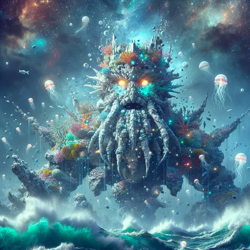 Prompt: "A massive sea elemental with a body of coral, rock, and shimmering water rises from the ocean depths. Its glowing eyes pierce through the stormy skies as tidal waves crash against its form. Schools of glowing fish and swarms of jellyfish orbit its massive limbs, illuminating the watery chaos it commands."