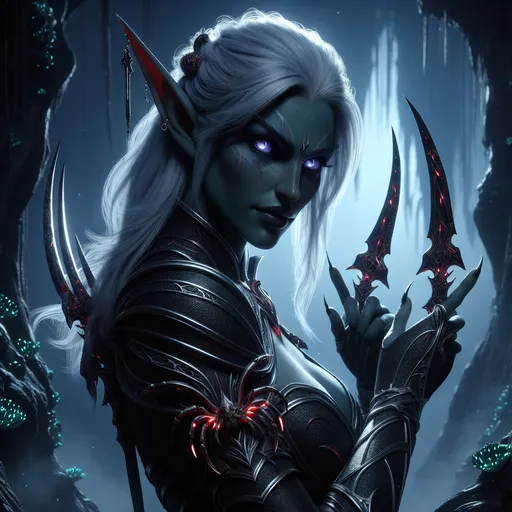 Prompt: "A fearsome female Drow Elf emerges from the shadows, her obsidian-black skin glinting faintly under the dim, flickering glow of bioluminescent fungi. Her stark white hair is tied back in an elegant braid, cascading down her back like a silver waterfall. She wears sleek, dark leather armor adorned with crimson spider motifs, and in her hands, she wields twin curved daggers that gleam with a venomous green hue. Behind her looms the Obsidian Spire, an ominous, towering structure shrouded in mist and illuminated by the faint glow of an underdark cavern. Her piercing violet eyes reflect both cunning and lethal intent as she stalks her prey with silent precision."