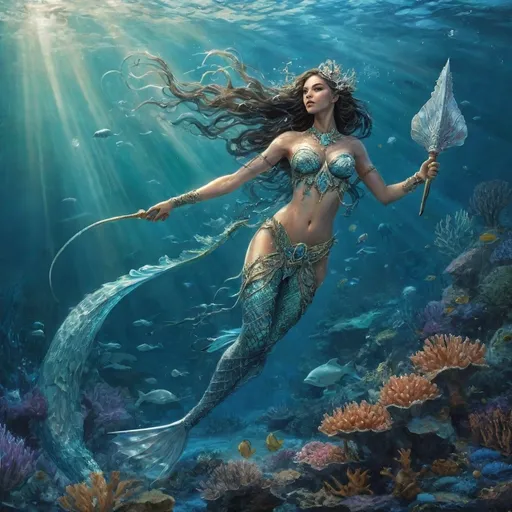 Prompt: Alara Moonshadow is a breathtaking Triton with the grace of a dolphin and the allure of a siren. Her skin, a mesmerizing blend of deep ocean blues and shimmering silver scales, reflects the bioluminescent glow of her underwater realm. Her long hair, a tapestry of sea-green and blue, flows behind her like a river of kelp, often adorned with delicate shells and pearls. Her eyes, the vibrant turquoise of a tropical lagoon, hold the wisdom of ancient tides and the mischief of a creature who's seen the secrets of the ocean floor. Two small, spiraling horns, reminiscent of a narwhal's tusks, peek out from her hairline, hinting at her lineage from a long line of noble Triton guards. Her tail, a powerful and elegant extension of her body, is a masterpiece of aquatic adaptation, with finned legs that allow her to navigate the sea with ease and speed. The scales along her tail, a darker blue than the rest of her body, are tipped with silver, creating a shimmering trail when she swims. Her fingers and toes are webbed, and she wields a trident that seems to be an extension of her arm, the weapon's prongs tipped with gleaming coral that can channel the power of the sea itself.