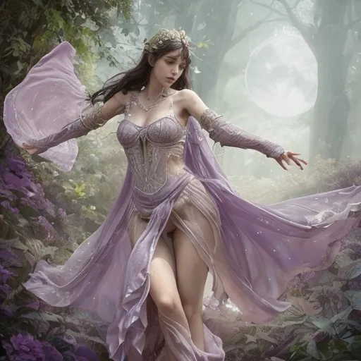 Prompt: Lilael Zephyrwind, known simply as Lila to those who dare to whisper her name, is a stunning 240-year-old half-elf, half-sylph whose ethereal beauty captivates the hearts of all who behold her. Her skin, a soft shade of moonlit silver, shimmers with the gentle iridescence of a dragonfly's wing, reflecting the colors of her surroundings in a mesmerizing dance of light. Her eyes, a vibrant shade of emerald, are almond-shaped and fringed with long, feathery lashes that seem to flutter with every fleeting emotion that flits across her face.

Her hair is a wild tapestry of silken strands that interweave themselves into a cascade of colors, ranging from the deep purples of a stormy night to the fiery oranges of a setting sun. It flows down to her slender waist, where it often billows around her like a living cloud. Her pointed elven ears, adorned with delicate gold rings that trace the line of her jaw, are fringed with the same soft plumage that graces her forearms and calves, hinting at her sylphic heritage.

Lila's form is a harmonious blend of elven grace and sylphic lightness. Her body is toned and lithe, with an athletic build that speaks of silent vigilance and swift, deadly strikes. Her features are sharp and angular, yet retain a softness that whispers of her elven ancestry. Her limbs are long and supple, ending in nimble fingers and toes that seem to dance upon the ground as she moves. Her wings, translucent and gossamer thin, are a breathtaking sight when unfurled, stretching to span twice her height, and casting a soft, dappled shadow wherever she goes.

Her attire is as enchanting as she is. A minimalistic ensemble of flowing fabrics and strategically placed leaves cling to her body, revealing just enough to intrigue and leaving much to the imagination. Her garments are predominantly shades of purple and blue, mirroring the twilight skies she so often haunts. Her feet are bare, allowing her to feel the very essence of the breeze she controls so masterfully.