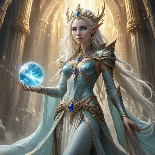 Prompt: "A regal female High Elf with flowing platinum-blonde hair adorned with a circlet of sapphire and gold, standing at the apex of a towering, crystalline spire. Her robes, a blend of shimmering white and iridescent silver, flow like liquid light as she channels an immense arcane spell. In her hands, she cradles a staff of pure diamond, its tip glowing with a pulsating orb that radiates celestial energy. The sky around her is painted with auroras of blue and gold, and below, an intricate city of alabaster and crystal reflects the brilliance of her magic. Her piercing emerald eyes shine with both wisdom and an unyielding determination."