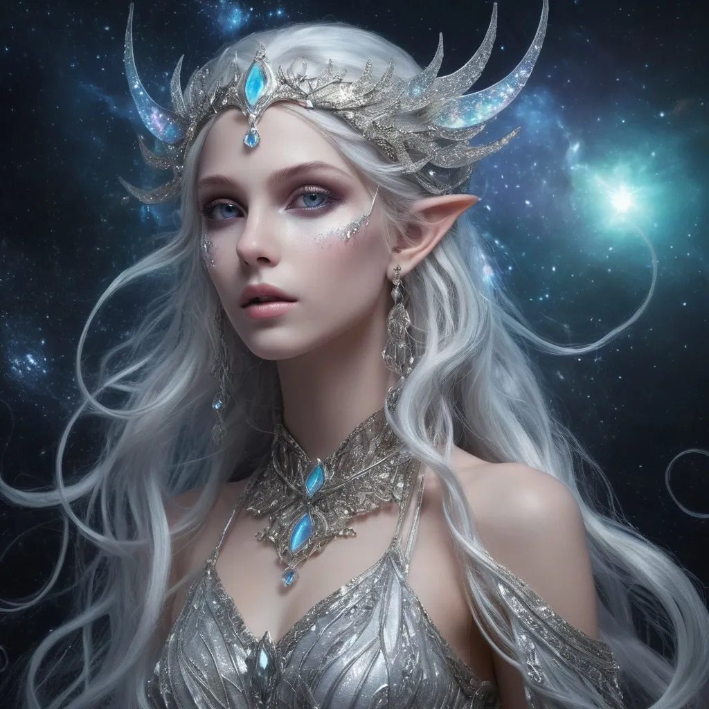 Prompt: In the ethereal realms where the stars weave their luminous tapestries, the Female Astral Elf stands as a breathtaking embodiment of cosmic grace. With skin that shimmers like the twilight sky, her alabaster complexion glows softly with a hint of starlight, reflecting the colors of distant galaxies. Her hair cascades like a waterfall of silver, adorned with glimmering celestial ornaments that resemble tiny constellations, each moving subtly as if alive with cosmic energy. Her eyes, a radiant shade of deep violet, hold the mysteries of the universe, sparkling with the wisdom of ages past and the promise of adventures yet to unfold. Clad in robes woven from the fabric of nebulae, the garments shift in hues of midnight blue and iridescent white, flowing around her like a gentle breeze as she glides gracefully through the air. In her presence, the very fabric of reality seems to bend, as if the stars themselves bow to her. With a whisper that echoes like the soft chime of bells, she channels the energy of the cosmos, wielding ancient magic that can illuminate the darkest of paths or summon the power of celestial storms. The Female Astral Elf is not merely a guardian of the night sky; she is a bridge between worlds, guiding lost souls with her ethereal light and inspiring those who dare to dream beyond the stars.