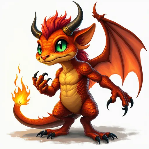 Prompt: Pyrius Flameblade, the charismatic and enigmatic kobold, stands at a modest height of 3 feet, 8 inches tall, with a lean, muscular frame that speaks of his agility and swiftness. His scales, a mesmerizing blend of fiery reds and glowing oranges, shimmer with an inner light as if each one holds a captured ember from the volcanic depths of his ancestral home. His eyes, piercing emerald orbs, seem to dance with the flames that often reflect in their depths. A pair of slender, leathery wings, scarred from countless battles and adventures, extends from his back, allowing him to glide through the air with surprising grace for one of his kind. His hands and feet are tipped with sharp, blackened claws, a testament to his adeptness in combat and his unshakeable grip on the world around him. Atop his head is a crown of horns, curled like the flames of a candle, and a proud mane of crimson hair that flows down his back. A thick beard of the same color adorns his chin, meticulously groomed and braided with beads of gold and obsidian that clink together as he speaks. His attire is a mix of intricately woven volcanic fibers and gleaming metal plates, each piece bearing the mark of ancient dragons whose scales it once protected. His most prominent feature is the sword he wields, a blade of pure volcanic glass, its serrated edge forever alight with a fiery aura that leaves trails of smoke in its wake.