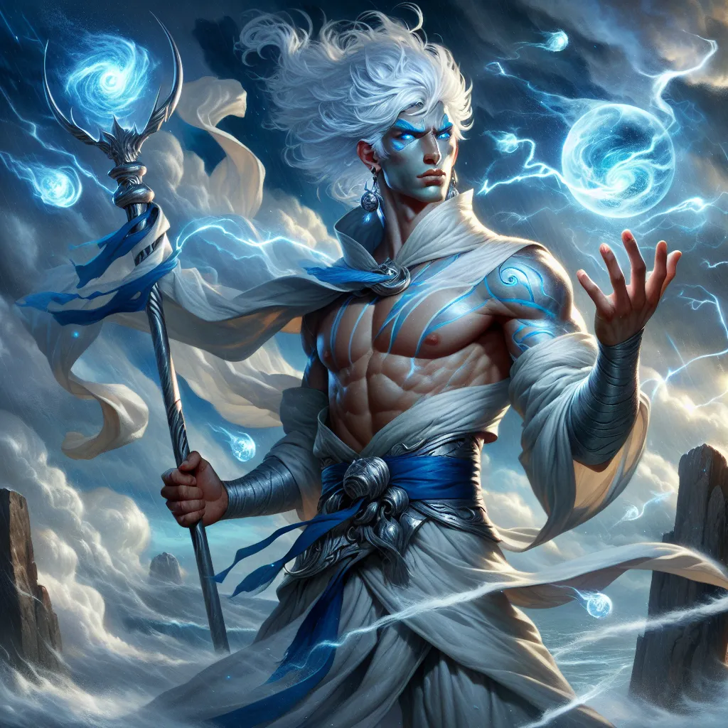 Prompt: 
The Stormcaller
"A powerful male Air Genasi stands atop a cliff, the winds swirling around him in a chaotic yet controlled dance. His skin, a pale blue, seems to shimmer like the sky itself, and his wild, silver-white hair billows behind him like a tempest in motion. His eyes, the color of storm clouds, crackle with the energy of the winds he commands, reflecting the vastness of the skies and the power that courses through him.
He wears a cloak of translucent, cloud-like fabric that flows and shifts as though it were part of the wind itself, and his robes, made from fine, airy material, billow around him, accentuating the constant movement of the air. In one hand, he grips a staff of polished crystal, its tip glowing with the faintest hint of lightning, and in his other hand, a floating orb of swirling wind hovers, crackling with energy.

Around him, the air trembles with elemental power—gusts of wind whip around his form, lightning dances across the sky, and distant thunder rumbles in harmony with his movements. He is a master of the skies, able to summon tempests, control winds, and harness the raw fury of the storm. The ground beneath him seems to lift with the force of his control, and the atmosphere bends to his will, ever in flux, as though he is a living embodiment of the wind’s freedom and power."