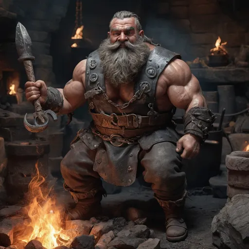 Prompt: A hyper-realistic fantasy NFT featuring a rugged dwarf blacksmith in a fiery underground forge. The dwarf has a stout, muscular build, with a thick braided beard streaked with silver and adorned with small metal rings engraved with runes. His weathered face shows years of toil, with soot and scars adding to his character. He is mid-swing with a massive hammer, sparks flying as it strikes a glowing, molten blade resting on an anvil. His leather apron and gloves are detailed with cracks, burn marks, and embossed sigils. The forge is illuminated by the intense glow of molten metal pouring from a towering furnace, with shelves of intricately crafted weapons and armor lining the stone walls. Surrounding him are faintly glowing runic inscriptions carved into the walls and floor, adding an aura of ancient magic to the scene. The atmosphere is rich with realism, capturing every bead of sweat and glint of firelight on the metal.