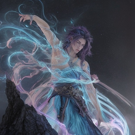 Prompt: Zephyrin is an Adaro, with iridescent blue skin that shimmers in the light, reflecting his moods. His hair is a wild tangle of dark purples and blues, reaching down to his waist. Standing at 6'5", he is muscular yet lean, with piercing silver eyes and pointed elven ears. A tattoo of a stylized storm cloud spirals up from his left wrist to his neck, signifying his mastery over the element of air. He dresses in light, flowing garments that seem to dance with the wind, often adorned with feathers and gossamer threads that flutter around him.