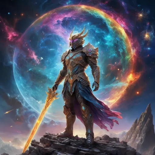 Prompt: Celestial Warrior
"A lone celestial warrior stands atop a shattered asteroid, gazing into the endless cosmos. Their ornate armor glows faintly with celestial patterns, adorned with symbols of galaxies and nebulae. In their hands is a massive crystalline sword that refracts light into vibrant rainbow shards. Behind them, a swirling supernova bathes the scene in vivid colors, while meteors streak across the star-filled void. The mood is heroic and epic, with intricate details on the armor, sword, and cosmic backdrop."