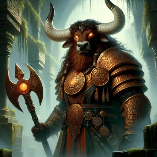 Prompt: 
The Labyrinth Warden
"A towering female minotaur stands at the heart of an ancient, mist-shrouded labyrinth, her imposing figure a blend of raw strength and majestic grace. Her dark, russet-brown fur glistens with a faint sheen of sweat, and her curved, ivory horns are carved with intricate symbols of protection and power. Her piercing amber eyes glow faintly in the dim light, scanning the winding stone corridors with an air of unwavering vigilance.
She wears ornate armor fashioned from bronze and leather, its surface etched with ancient glyphs that shimmer with a faint magical aura. Around her neck hangs a heavy, rune-inscribed medallion, the key to the labyrinth’s secrets. In her massive hands, she grips a colossal double-headed axe, its blade honed to a deadly edge and pulsating with the faint glow of enchanted energy. The echoes of her hooves resonate through the labyrinth, a sound both comforting and foreboding to those who wander too close.

Vines and moss creep along the ancient stone walls, and faint, otherworldly whispers hint at the labyrinth’s hidden magic. Yet, she stands resolute, a protector of the sacred space, her very presence a testament to the ancient oath she swore to uphold."