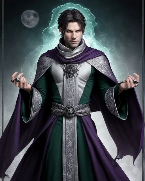 Prompt: Alaric Stormshade is a lean, mid-height wizard with piercing emerald eyes and a sharp jawline framed by unruly, jet-black hair that falls to his shoulders. His attire is a blend of elegant, flowing robes in deep purples and greens, with intricate silver stitching that shimmers like moonlit water under the right light. His hands are adorned with rings that hold secrets to forgotten spells, and a long, silvery scarf wraps around his neck, hinting at his adventurous past.