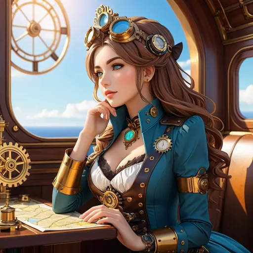 Prompt: Steampunk flat vector art, beautiful anime style woman, flat color, clean detailed faces, intricate clothing, analogous colors, glowing shadows, beautiful gradient, depth of field, clean image, high quality, high detail, high definition, L, cute face, 8k resolution, concept art, Amanda Sage, staring at the sky, at table filled with maps and brass tools, 4k, trending on artstation, pixiv, perfect detailed, brass gears, tiny drones fixing the ship, masterpiece, bright colors, Sunny, Daylight