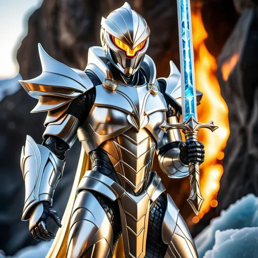 Prompt: Alien robot ice warrior made of stained glass and silver alloy, flowing white & gold cape, huge flaming sword, glacial ice world with ice crystals and lava rock, cinematic, high-res, sci-fi, photo, glowing gold eyes, intricate design, futuristic armor, majestic presence, otherworldly landscape, detailed reflections, metallic sheen, intense atmosphere, cinematic lighting, epic proportions, silver and gold tones, majestic pose, flaming sword