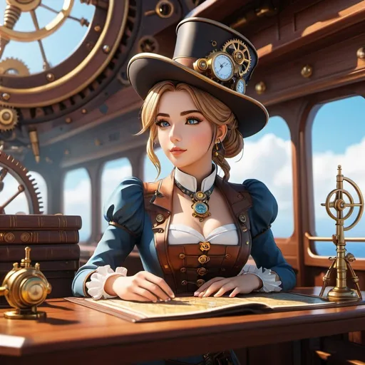 Prompt: Steampunk flat vector art, beautiful anime style woman, flat color, clean detailed faces, intricate clothing, analogous colors, glowing shadows, beautiful gradient, depth of field, clean image, high quality, high detail, high definition, L, cute face, 8k resolution, concept art, Amanda Sage, staring at the sky, at table filled with maps and brass tools, 4k, trending on artstation, pixiv, perfect detailed, brass gears, tiny drones fixing the ship, masterpiece, bright colors, Sunny, Daylight