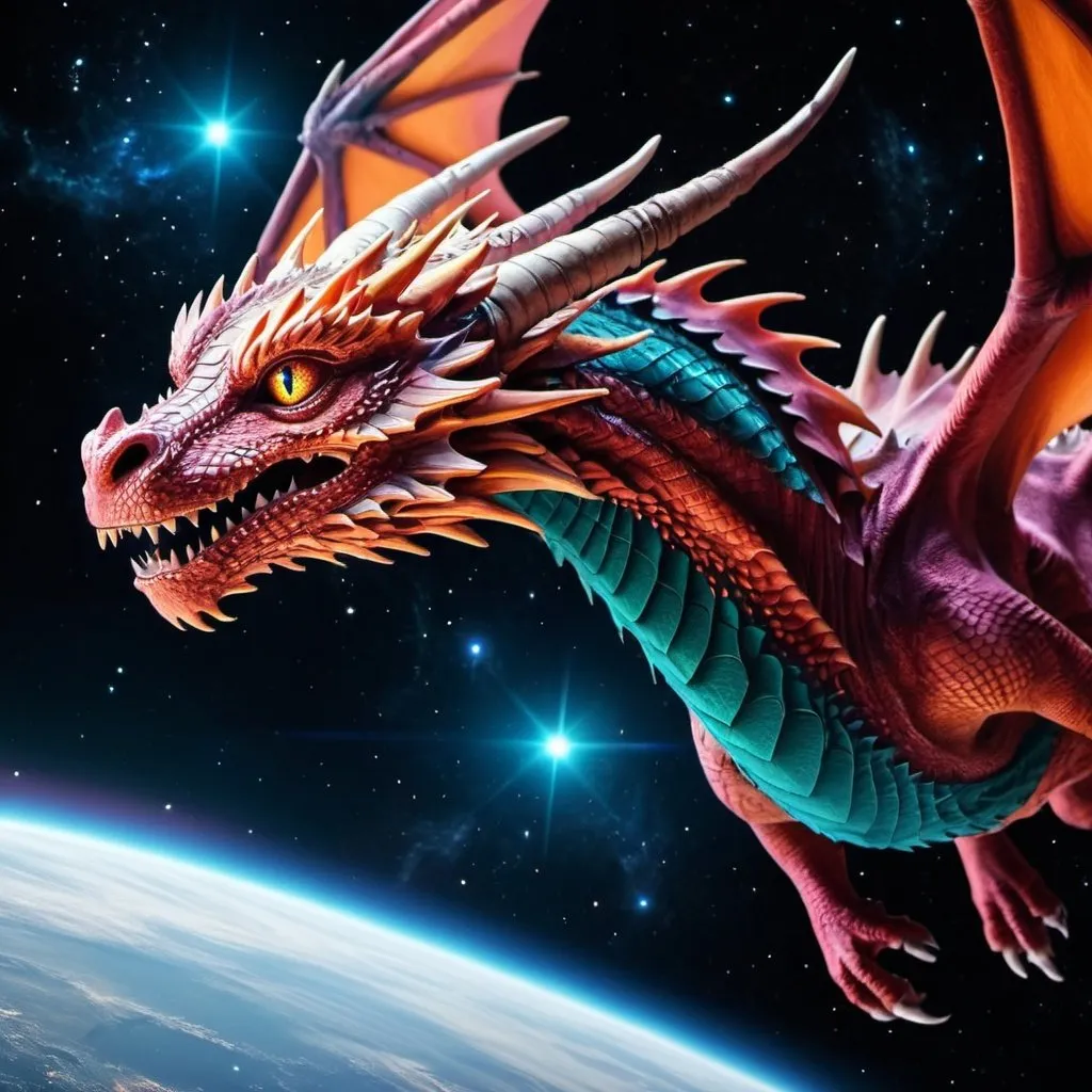 Prompt: Dragon flying in space with beautiful colors and gorgeous eyes
