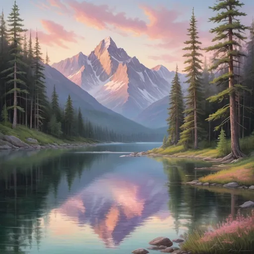 Prompt: Imagine a serene mountain lake at sunrise. The sky is a canvas of soft pastels, with hues of pink, orange, and purple reflecting on the calm, glassy surface of the water. Majestic snow-capped peaks rise in the distance, their white summits glowing with the first light of dawn. Tall, lush pine trees surround the lake, their green needles gently swaying in the morning breeze. The air is crisp and fresh, carrying the earthy scent of pine and the faint sweetness of wildflowers blooming along the shore.