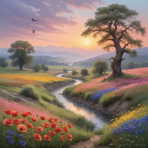 Prompt: Imagine a serene landscape captured at the golden hour just before sunset. The scene is set in a picturesque valley surrounded by rolling hills, blanketed in lush greenery. A narrow, winding river snakes through the valley, its surface reflecting the warm hues of the setting sun, creating a mesmerizing blend of oranges, pinks, and purples.

In the foreground, a field of wildflowers in full bloom adds vibrant splashes of color—red poppies, yellow daisies, and blue cornflowers. A majestic oak tree stands tall on the riverbank, its branches stretching outwards as if embracing the beauty around it. Birds can be seen in the distance, flying in a V-formation against the pastel-colored sky, which gradually transitions from a deep blue at the top to the softest shades of pink and purple near the horizon.

The air seems still, and the entire scene exudes a tranquil, almost ethereal quality. It’s the kind of picture that invites you to pause and immerse yourself in the calm and beauty of nature, feeling a profound sense of peace and awe.