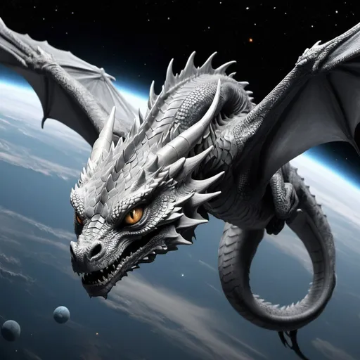 Prompt: Dragon flying in space with beautiful shades of gray and gorgeous eyes
