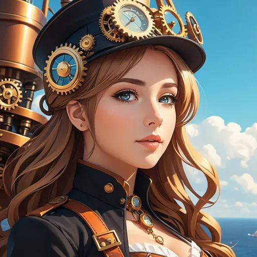 Prompt: Steampunk flat vector art, beautiful anime style woman, flat color, clean detailed faces, intricate clothing, analogous colors, glowing shadows, beautiful gradient, depth of field, clean image, high quality, high detail, high definition, L, cute face, 8k resolution, concept art, Amanda Sage, staring at the sky, 4k, trending on artstation, pixiv, perfect detailed, brass gears, tiny drones fixing the ship, masterpiece, bright colors, Sunny, Daylight