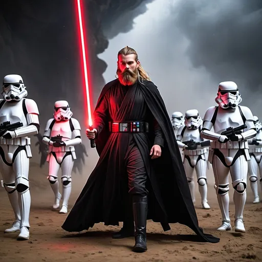 Prompt: A 29 year old man with a full brown beard and long dirty blonde hair pulled into a ponytail in black Sith robes with a red lightsaber Leading stormtroopers into battle