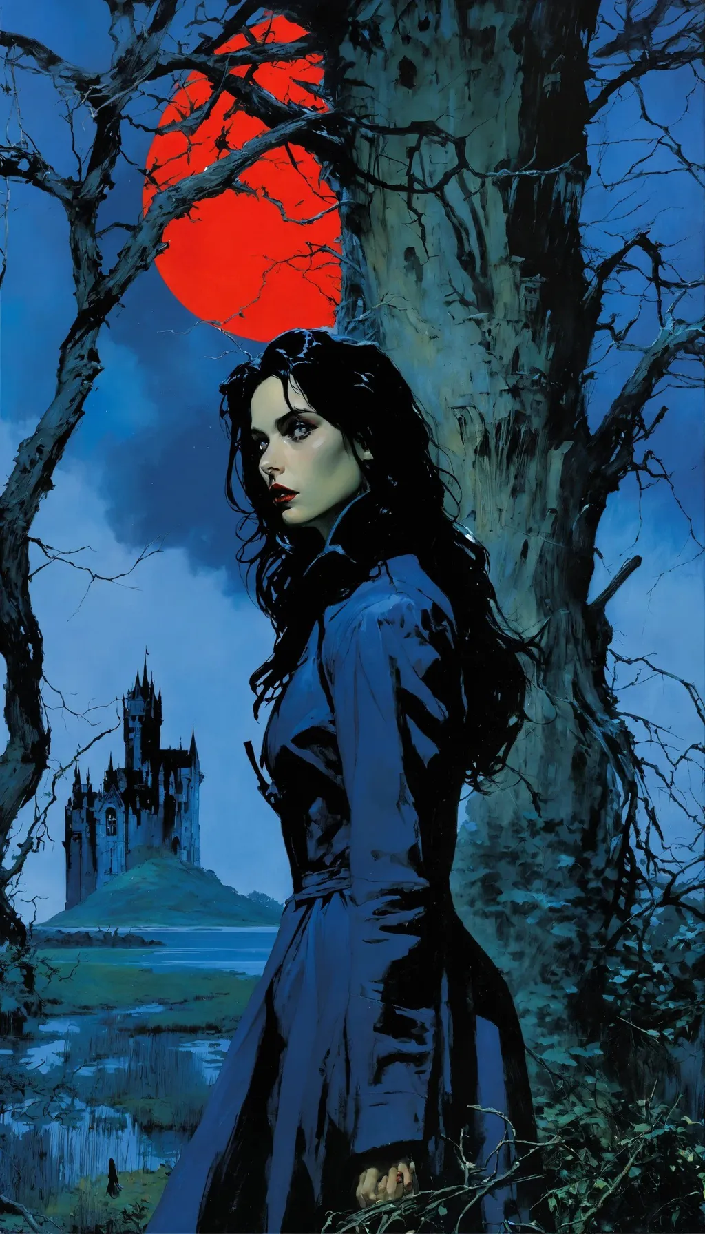 Prompt: a painting of a woman standing next to a tree, comic book cover art, the children of the night, gothic castle in background, inspired by Tom Lovell, long windblown black hair, in a swamp, perfect blue, vertigo comic, a woman walking, red coat, girl in love, haunting