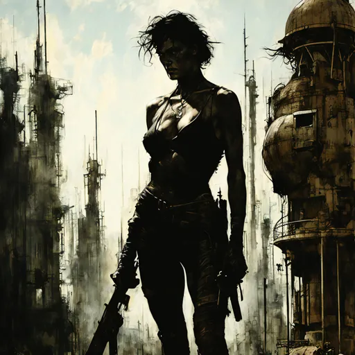 Prompt: post apocalyptic scavenger woman, art by Martin Ansin