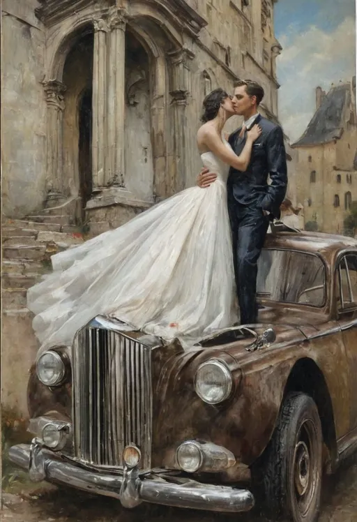 Prompt: nick alm, Lovers, a vintage car is parked in front of a castle, inspired by Karol Bak, taschen, TIFF