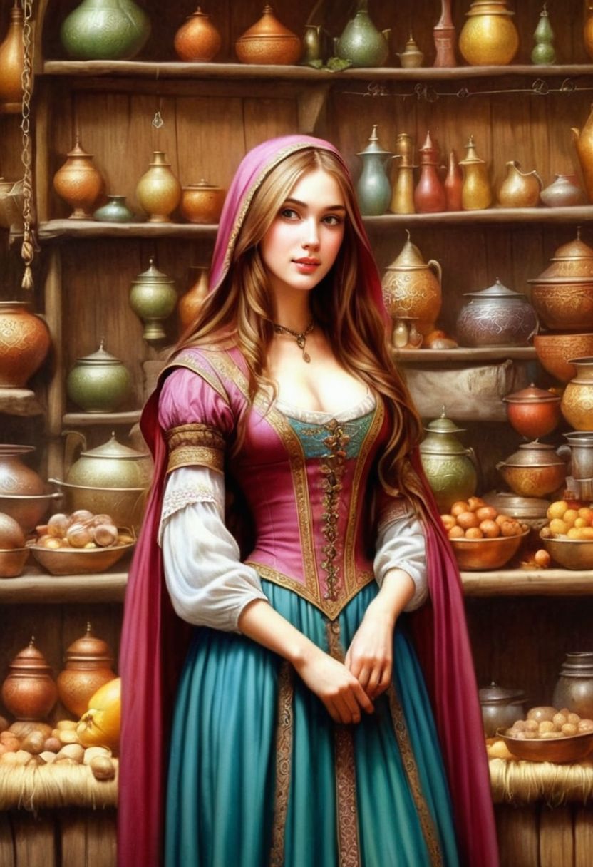 Prompt: ↑  ★★★★☆ ✦✦✦✦✦, a perfect drawing of a woman with long hair, inside of a medieval era bazaar, medieval fantasy illustration, a color pencil sketch, TIFF