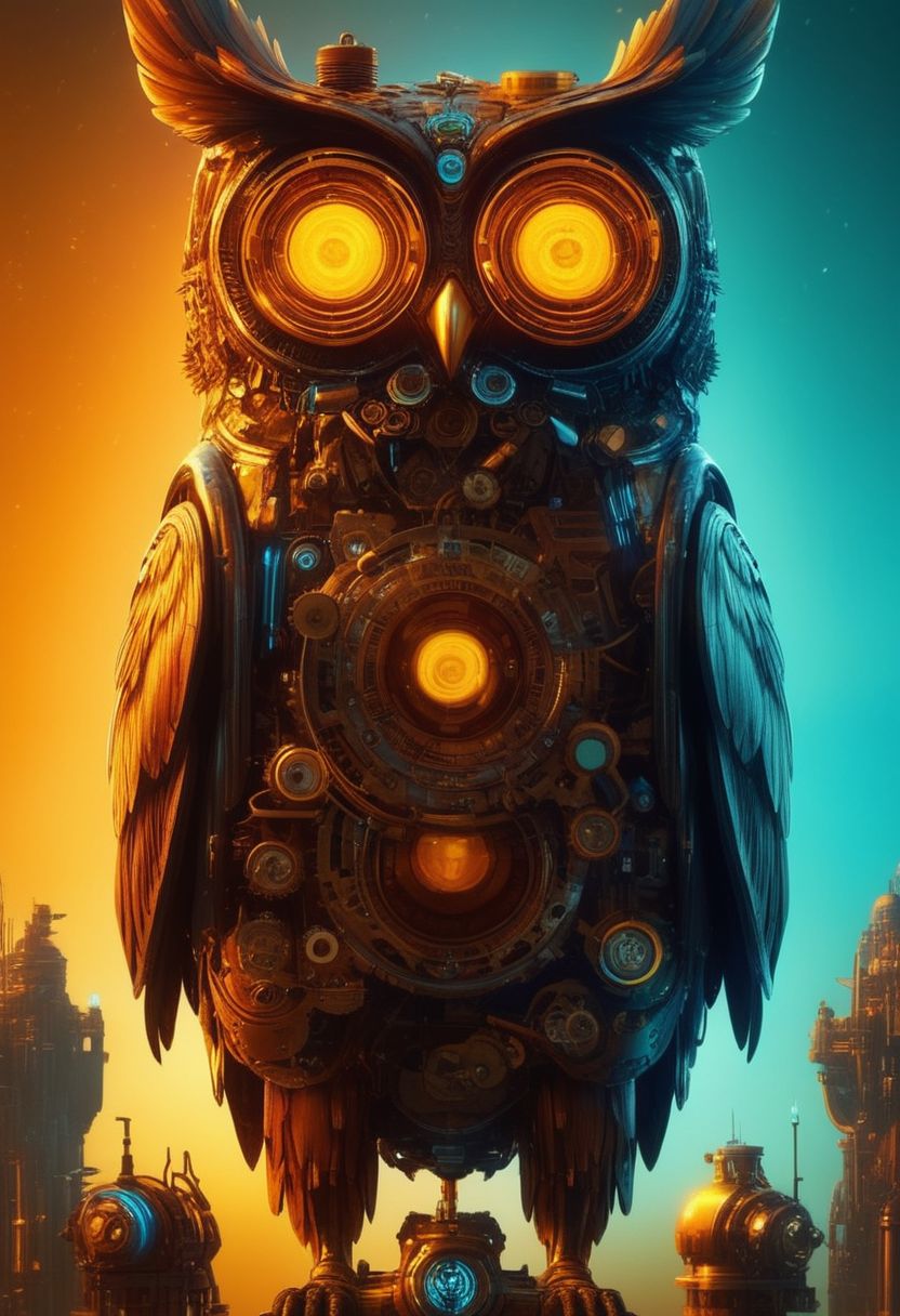 Prompt: Mechanical owl, sks, amber, metallic colours, cyberpunk, 8k, epic composition, cinematic, beautifully lit, artstation hq, behance hd, dreamlike