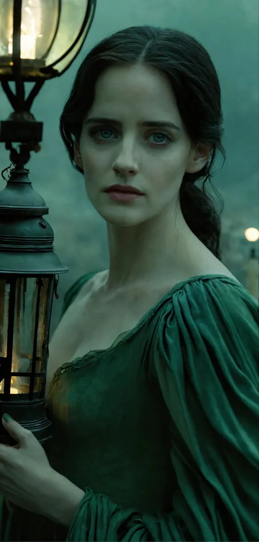 Prompt: a woman in a green dress, very beautiful matte painting, portrait of eva green, emma!! watson!!, paris, she has pale blue skin!!!, neo - classical style, eva green and gemma arterton, beauty expressive pose, holding a lantern, incredible vfx