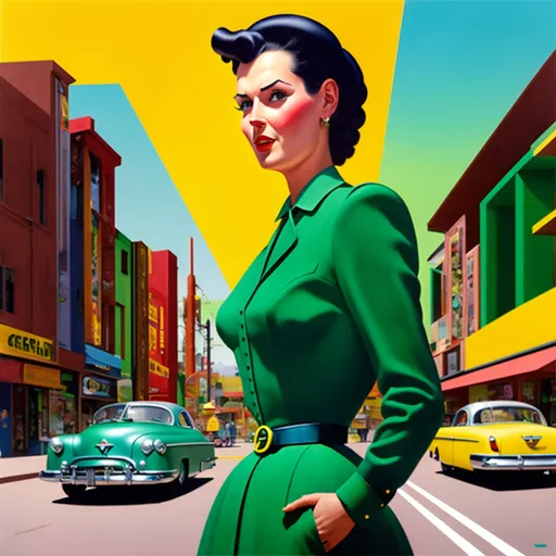 Prompt: mimiga, 1950s suburbia, woman, dieselpunk aesthetic, by Helmut Newton, by Johannes Cornelisz Verspronck, by Frank Quitely, neon green, by Mary Blair, Han Purple, by Christopher R. W. Nevinson, Shaders, Surprised