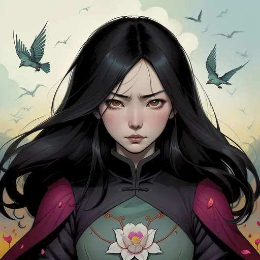 Prompt: inkifier4, zrpgstyle, a sorrowful chinese woman with windblown dark hair surrounded by birds, phil noto and rebecca guay, gothic dystopian aesthetic, flower petals, the sky is grey, webtoon