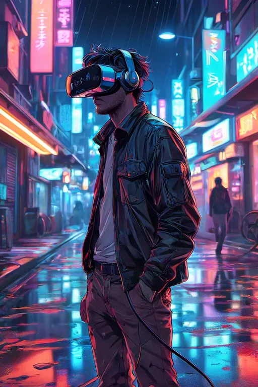 Prompt: Lonely man in a vintage 90's anime style, wearing a VR headset, walking through a neon-lit cyberpunk street at night. The scene blends Hajime Sorayama's sleek, metallic vibe, Greg Tocchini's dynamic lines, and Virgil Finlay's intricate sci-fi textures. The digitBehanceting is highly detailed, smooth, and sharp-focused, with a retro-futuristic, melancholic atmosphere, trending on ArtStation and Behance in HD